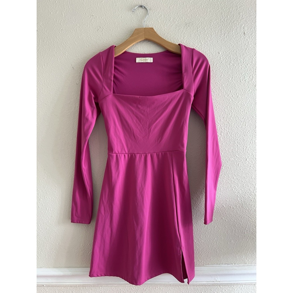 QINSEN Womens Square Neck Active Tennis Dress Long Sleeve Slit Pink Magenta S